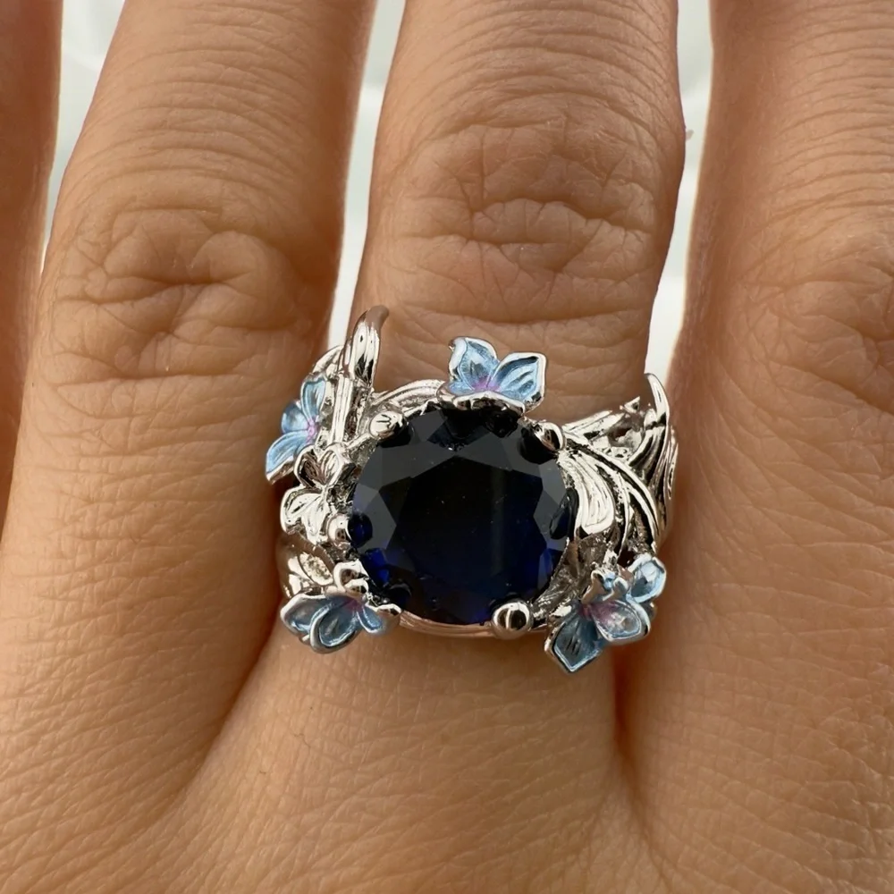 Anthropologie Elegant Silver and Blue Floral Ring